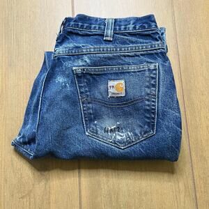 Vintage Carhartt FR Jeans Mens 34x30 Blue Denim Utility Work Pants Relax Distres